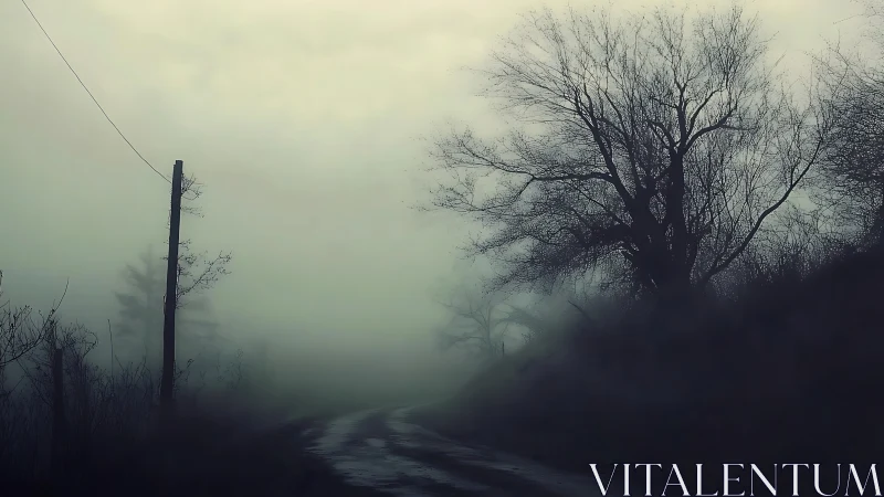 Fog-drenched country road curls beneath whispering winter trees