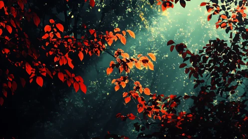 Crimson leaves converse with emerald mist in quiet forest light