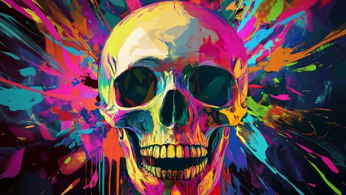 Colorful skull with explosive neon paint splashes