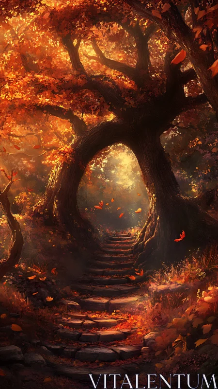 Golden autumn gateway where forest steps invite wonder.