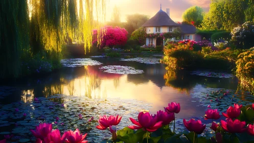 Sunlit cottage reflects over a tranquil lily pond at sunset