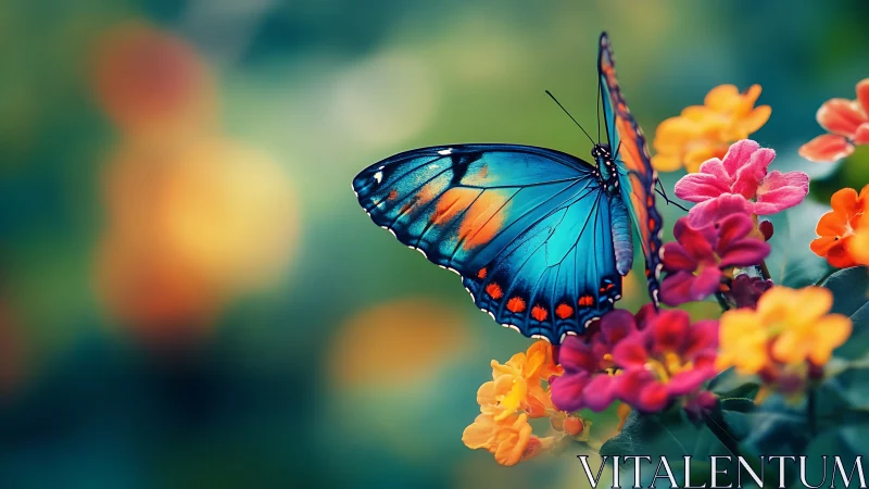 Macro study of vivid blue butterfly on neon florals.