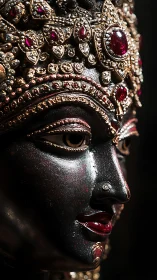 Gleaming jeweled goddess face in intimate close-up profile.