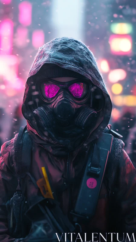 Hooded survivor stands in neon snowstorm, visor glowing pink.
