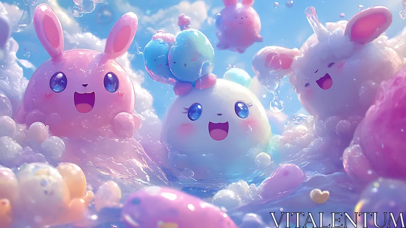Playful pastel creatures splash in a dreamy bubble kingdom