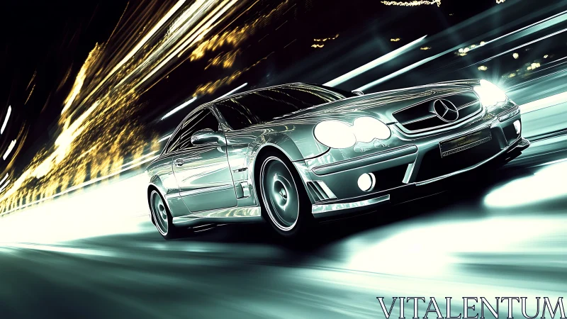Sleek silver sports car racing through glowing city lights.