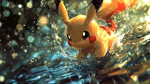 Playful Pikachu splashing through glowing golden water.