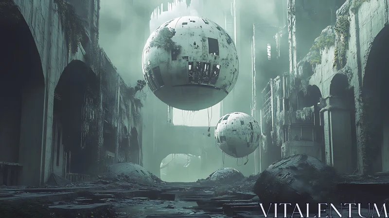 Strange floating orbs drift through a misty ruined cityscape
