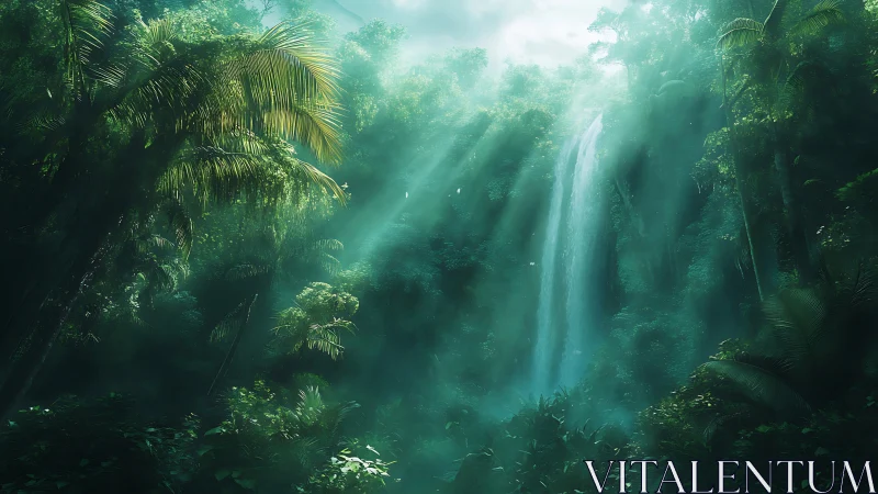 Tropical forest canopy with waterfall and light rays.
