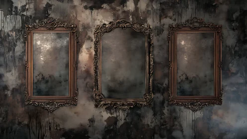 Three ornate mirrors on distressed dark painted wall.