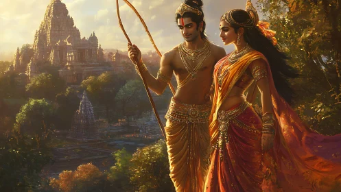 Divine royal couple walks before sunlit ancient temples