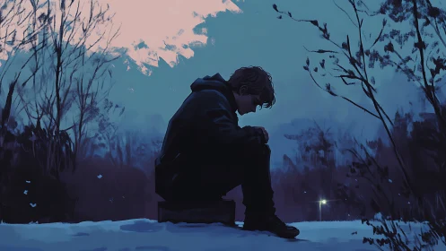 Solitary winter figure in contemplative dusk landscape.