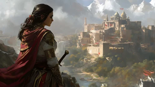 Armored warrior overlooking fortified mountain citadel at dawn