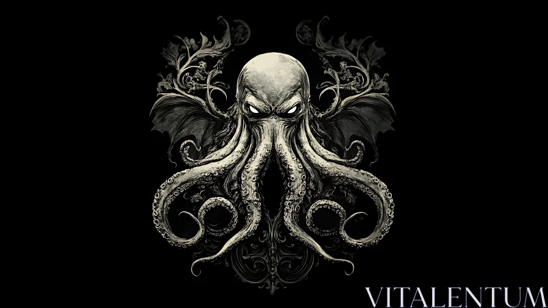Eldritch octopus demon emblem on deep black background.