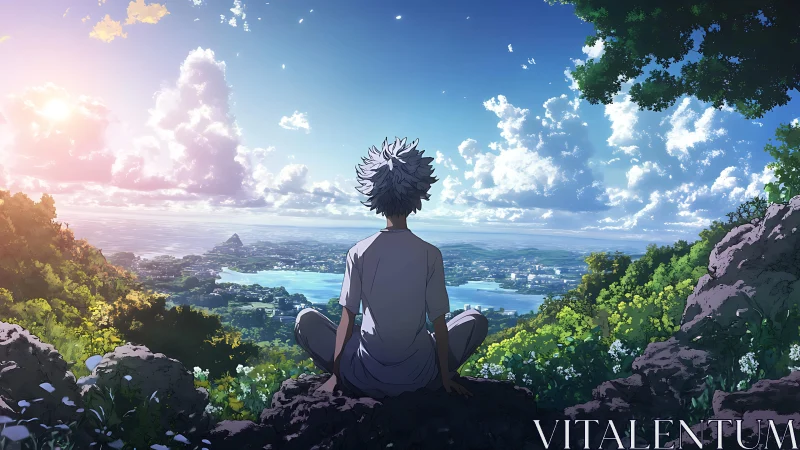 Solitary figure overlooks sunlit coastal city from hilltop