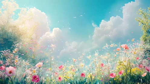 Sunlit wildflower meadow dissolves into luminous pastel clouds