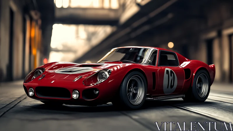 Photorealistic red vintage race car in moody industrial hangar