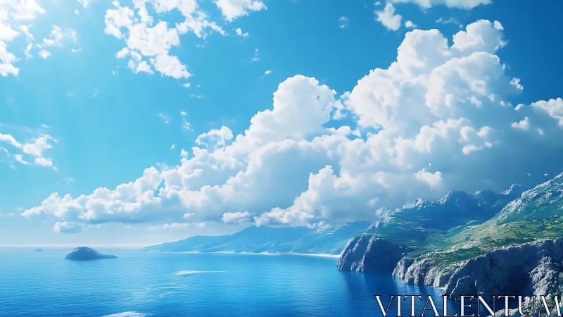 Bright coastal cliffs meet calm turquoise sea under clouds