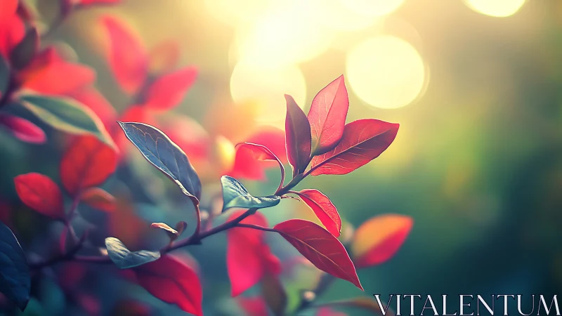 Backlit crimson foliage glows against abstract bokeh field