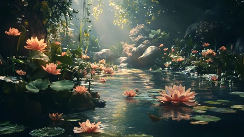 Sunlit lotus cove where quiet water hums in petals.