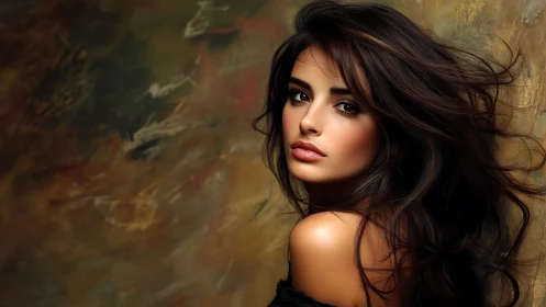 Photorealistic portrait with dynamic hair and textured bokeh field.