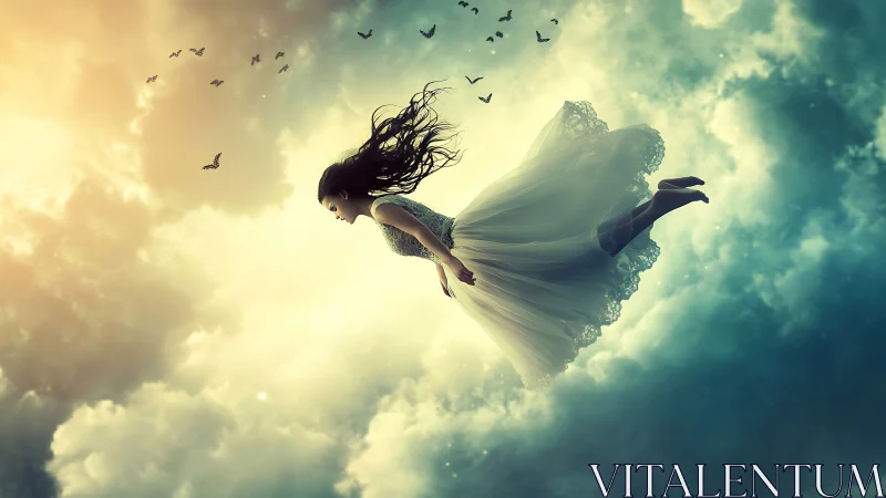 Woman in white dress floating horizontally in cloudy sky.