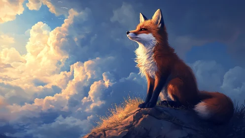 Red fox on rocky hill under expansive clouded sky.