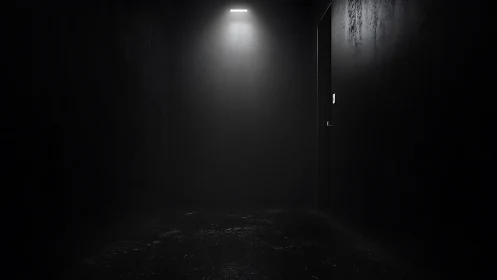 Narrow dark corridor under harsh overhead spotlight glow.