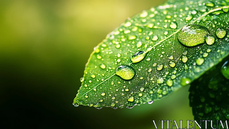 Macro study of dewdrops on leaf with bokeh depth field.