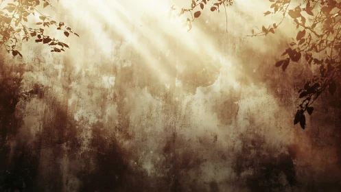 Sunlight falls on aged textured wall framed by leaves