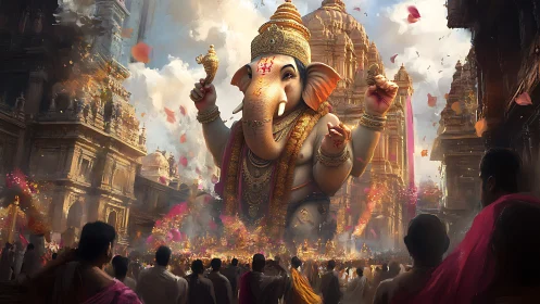 Digital painting of monumental Ganesha in festive temple plaza.