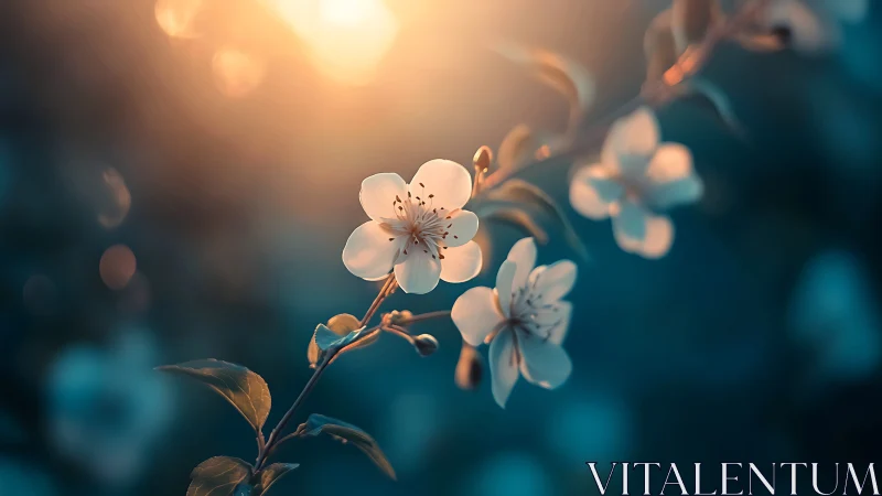 White blossoms bathed in warm golden light against deep teal.