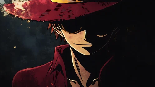 Shadowed straw-hat wanderer in a storm of quiet color.