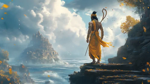 Warrior overlooking misty temple city across stormy sea
