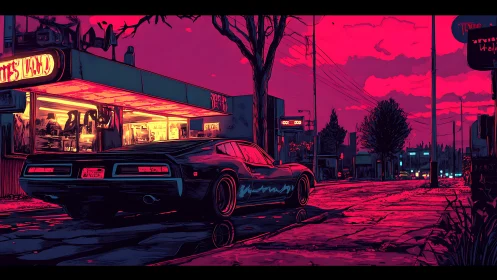 Neon dusk lets a lone muscle car haunt the roadside diner