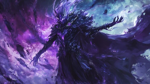 Voidborne sorcerer in amethyst vortex with fractured nebula energy