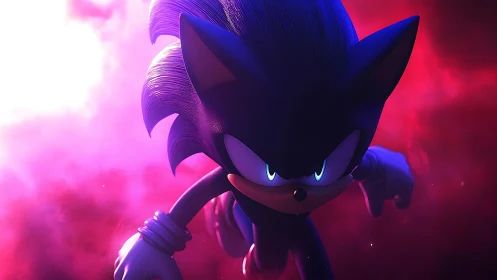 Shadowed blue hedgehog charging through neon misted void.