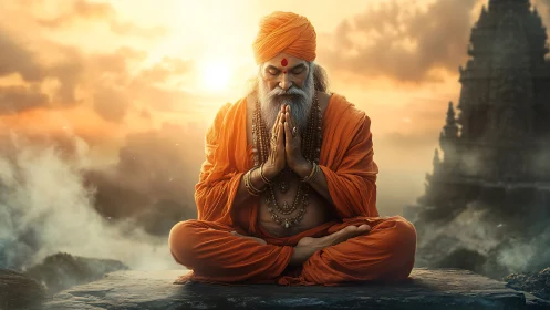 Sunlit yogi in orange robes meditating before misty temple.