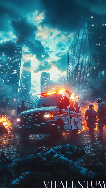 Emergency ambulance in fiery cyberpunk city disaster scene.