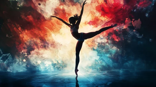 Ballet silhouette dancing through a nebula of blazing color.