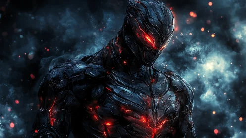 Ember-eyed cyber titan studies the storm of drifting sparks