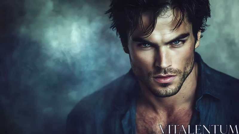 Brooding man with piercing eyes emerges from smoky haze.