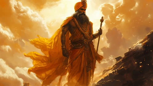 Sunlit guardian sage striding through glowing clouds.