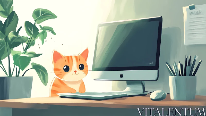 Ginger Companion Contemplates the Glowing Screen.