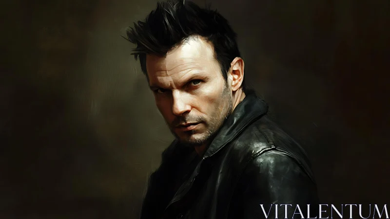 Brooding leather-clad man in dramatic digital portrait.