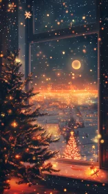 Warmly lit Christmas tree by window over snowy city