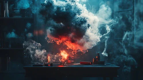 Midnight alchemist desk swirling with curious colored smoke.