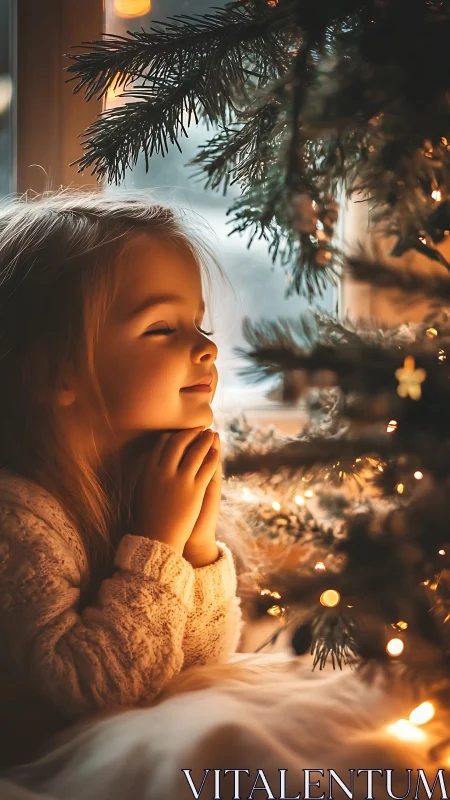 Soft bokeh candlelit portrait captures child near lit tree