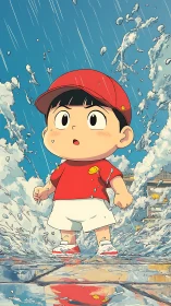 Anime child in red cap splashing through city rainstorm.