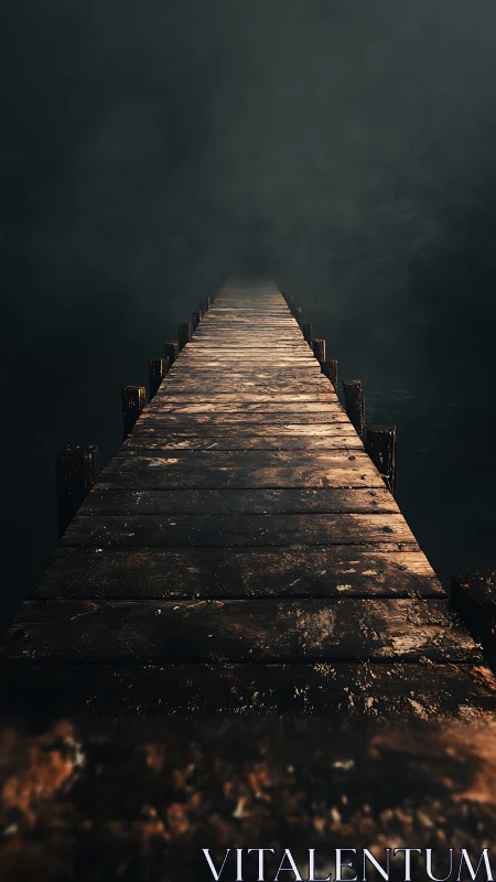 Weathered wooden pier vanishes into dense atmospheric fog.